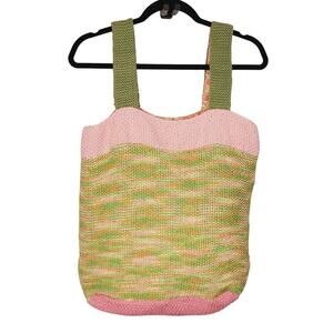 Homemade Boho Knitted Pink Green Tote with Floral Interior